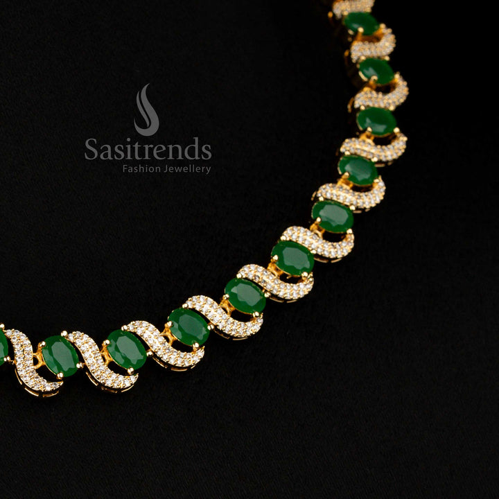Alluring American Diamond micro gold plated S-Curve white-green necklace with oval stones, designed for exclusive finery and celebration wear – Sasitrends