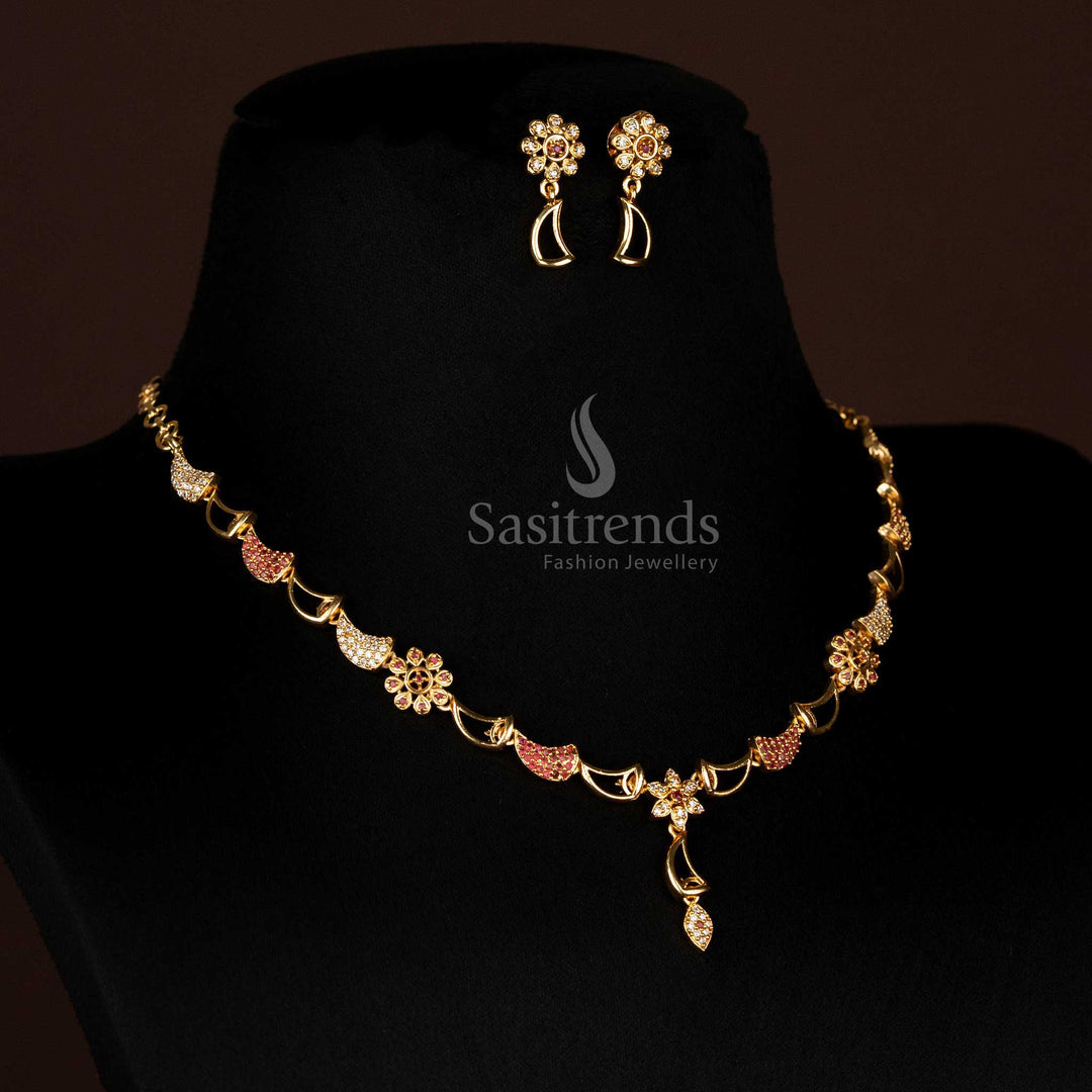Charming Half Moon Floral American Diamond Micro Gold Plated White Ruby Necklace Jewellery Set With Rich Gloss And Traditional Kemp Stone Highlights - Sasitrends