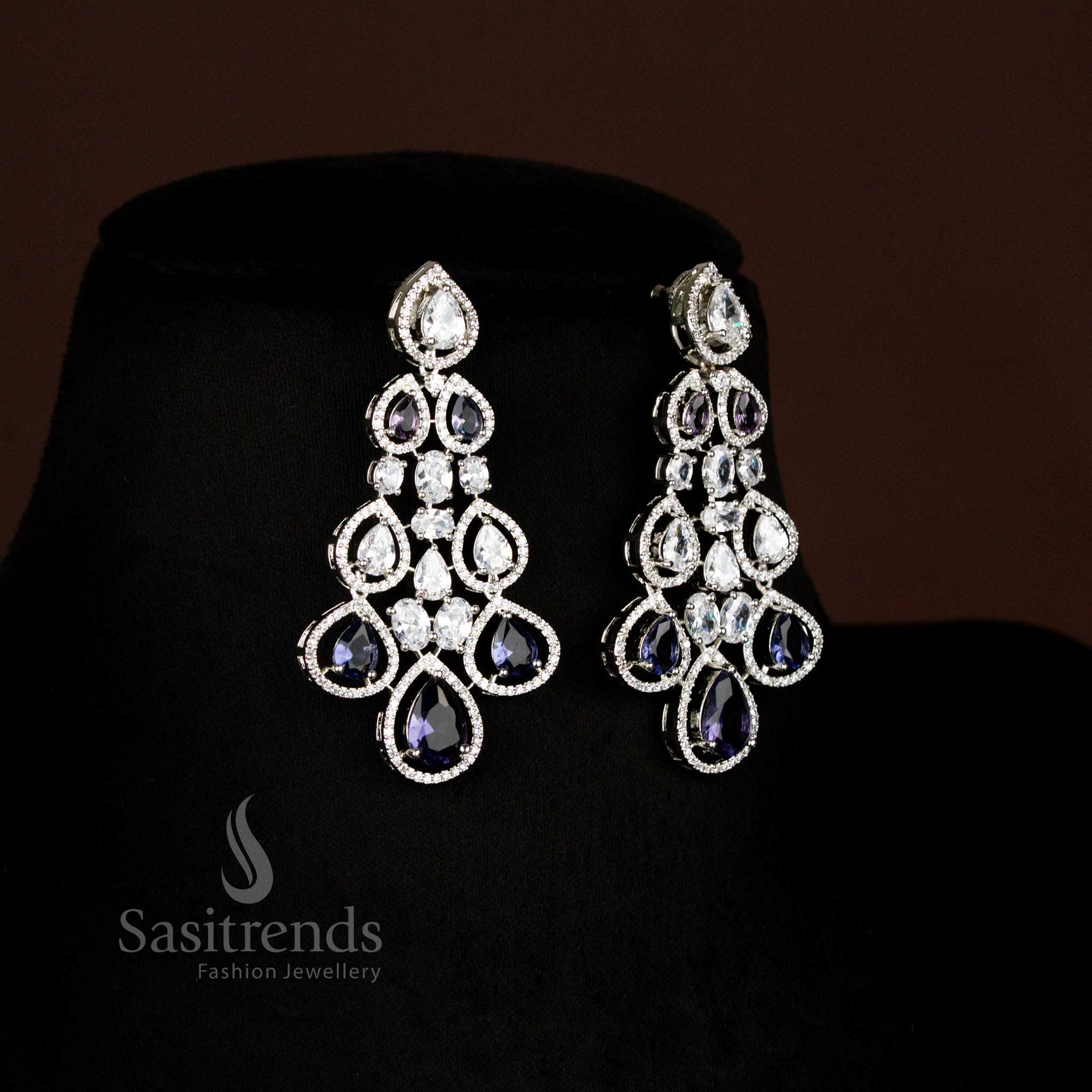 Sophisticated American Diamond Rhodium Plated Bridal Earrings Set With Dark Blue Stones – Sasitrends