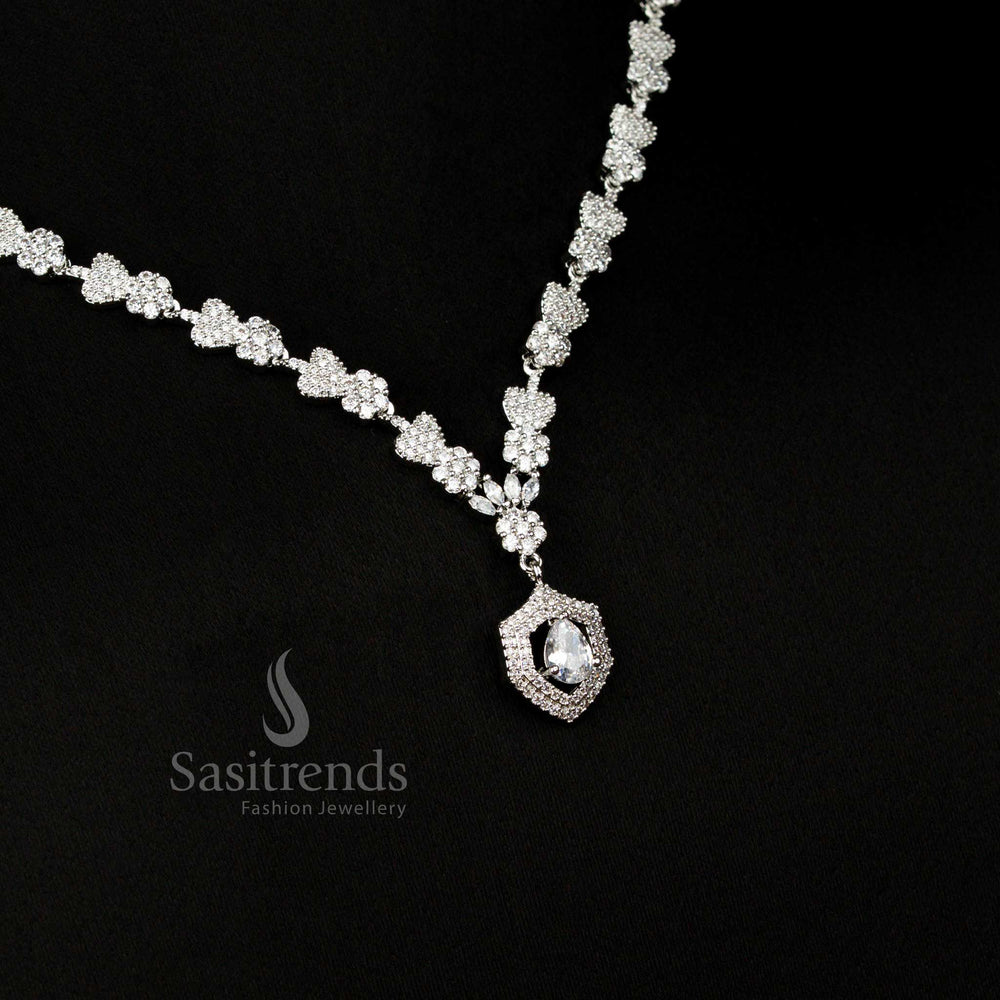 Chic American Diamond rhodium silver plated heart and floral white necklace with teardrop stone pendant for stylish evening and party occasions – Sasitrends