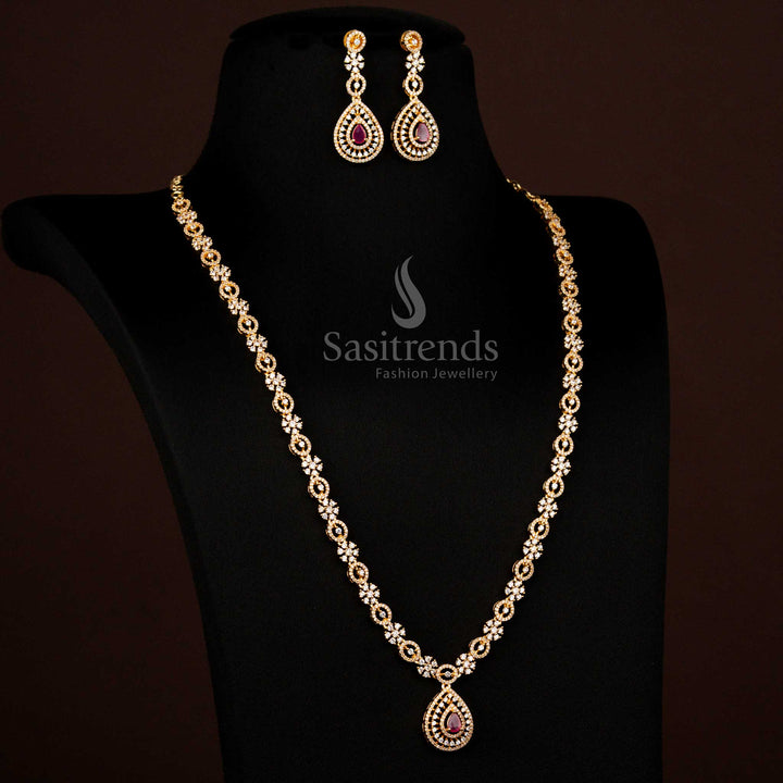 Fashionable American Diamond gold plated teardrop long ruby Necklace crafted for party lustre and festive evenings – Sasitrends