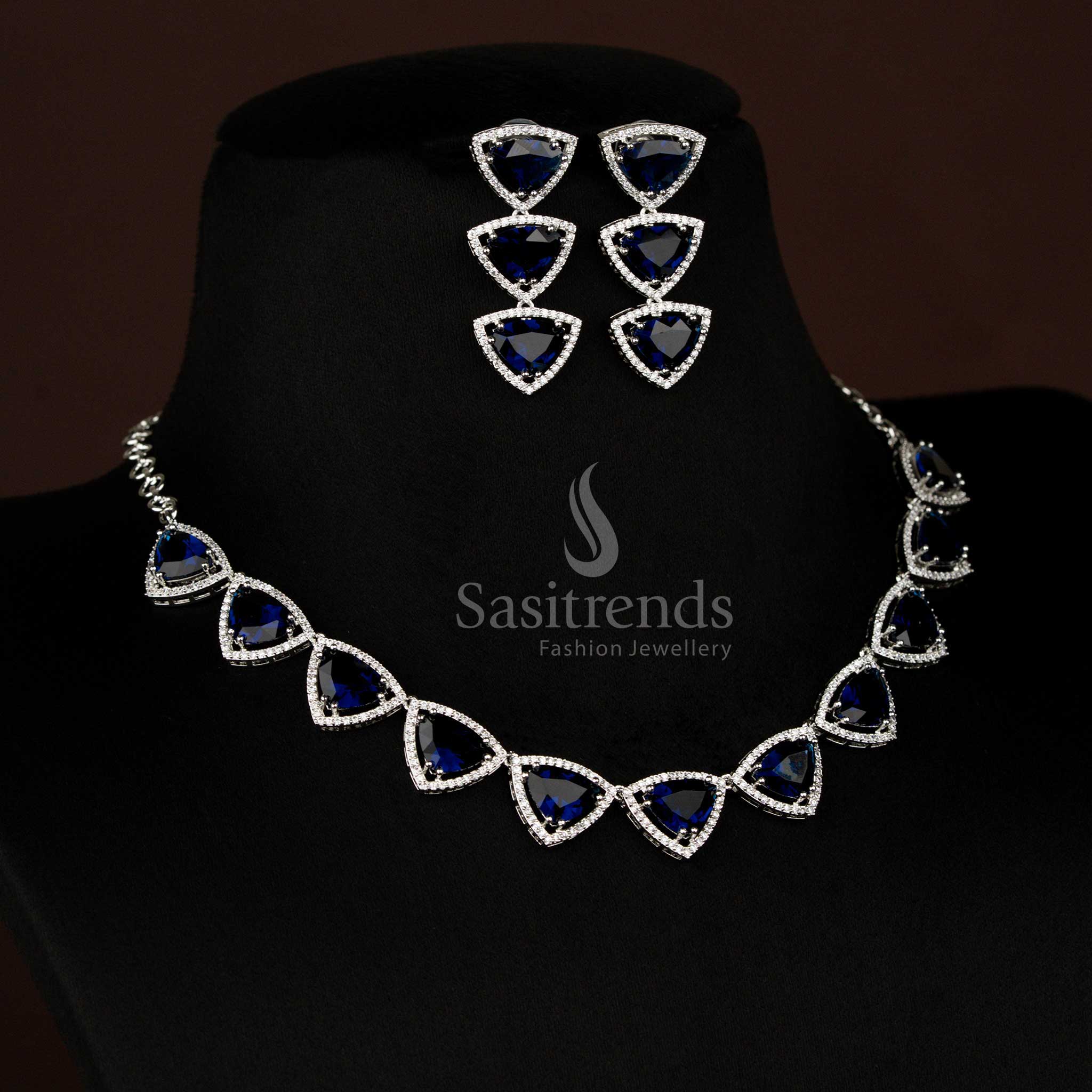Elegant blue rhodium silver triangular necklace adorned with sparkling American Diamonds for luxury festive celebrations – Sasitrends