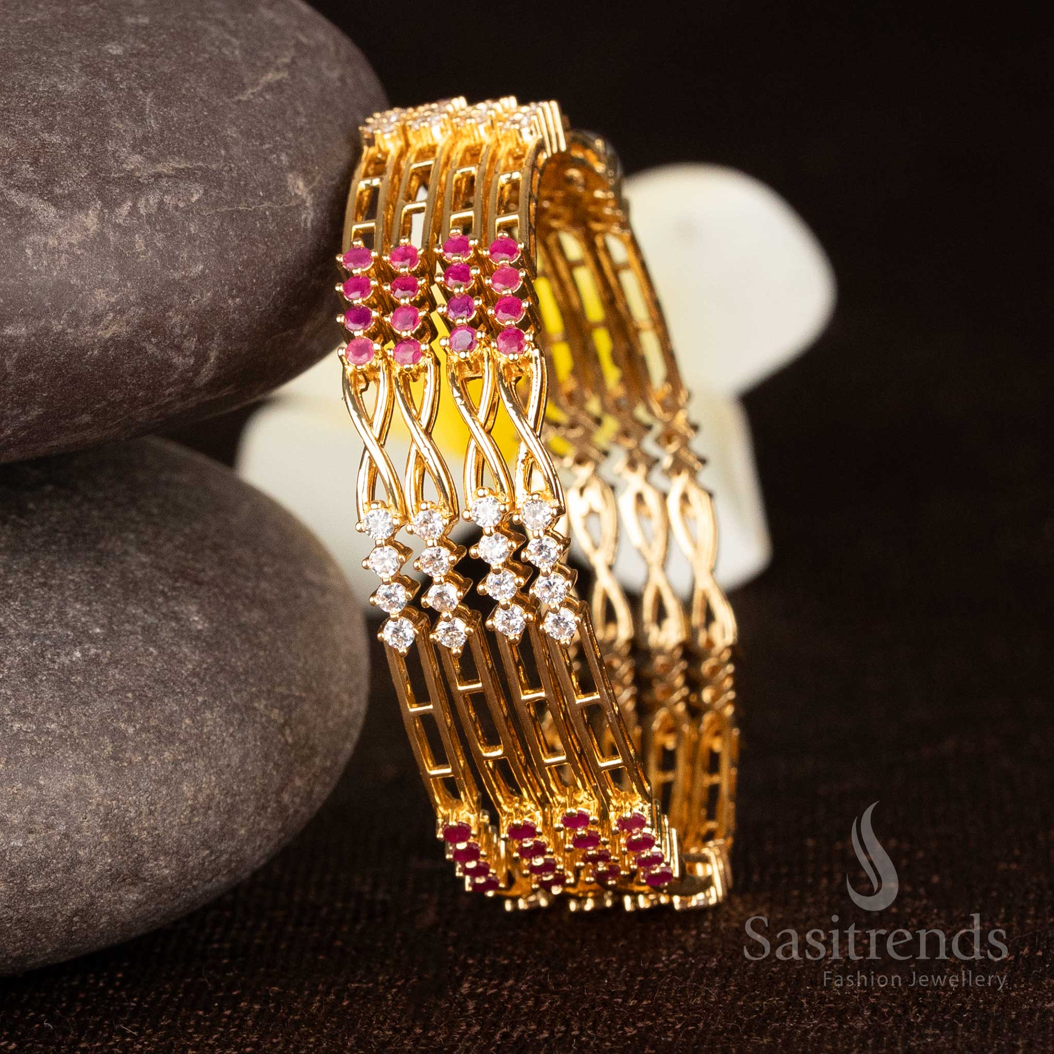 Exquisite dual shade white ruby micro gold plated bangles with artistic twisted design and shimmering AD stones - Sasitrends