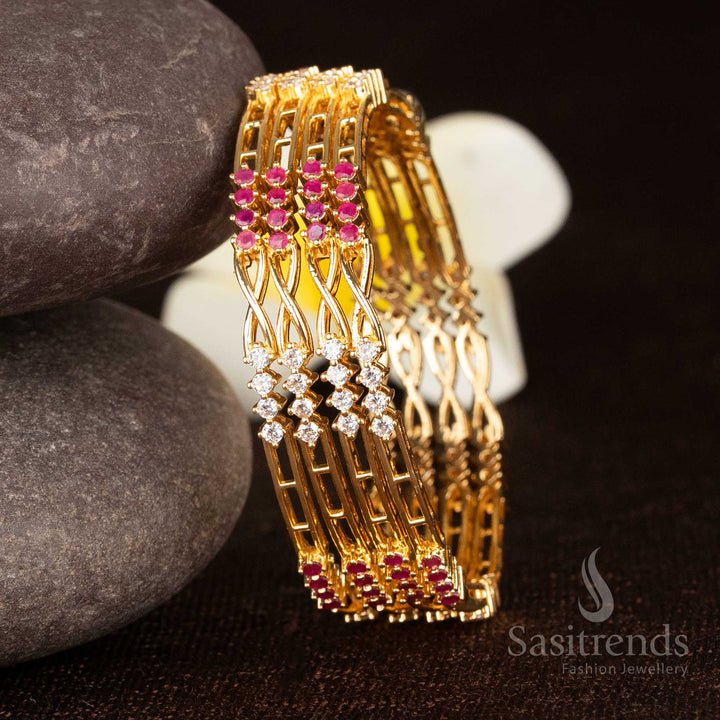 Exquisite dual shade white ruby micro gold plated bangles with artistic twisted design and shimmering AD stones - Sasitrends