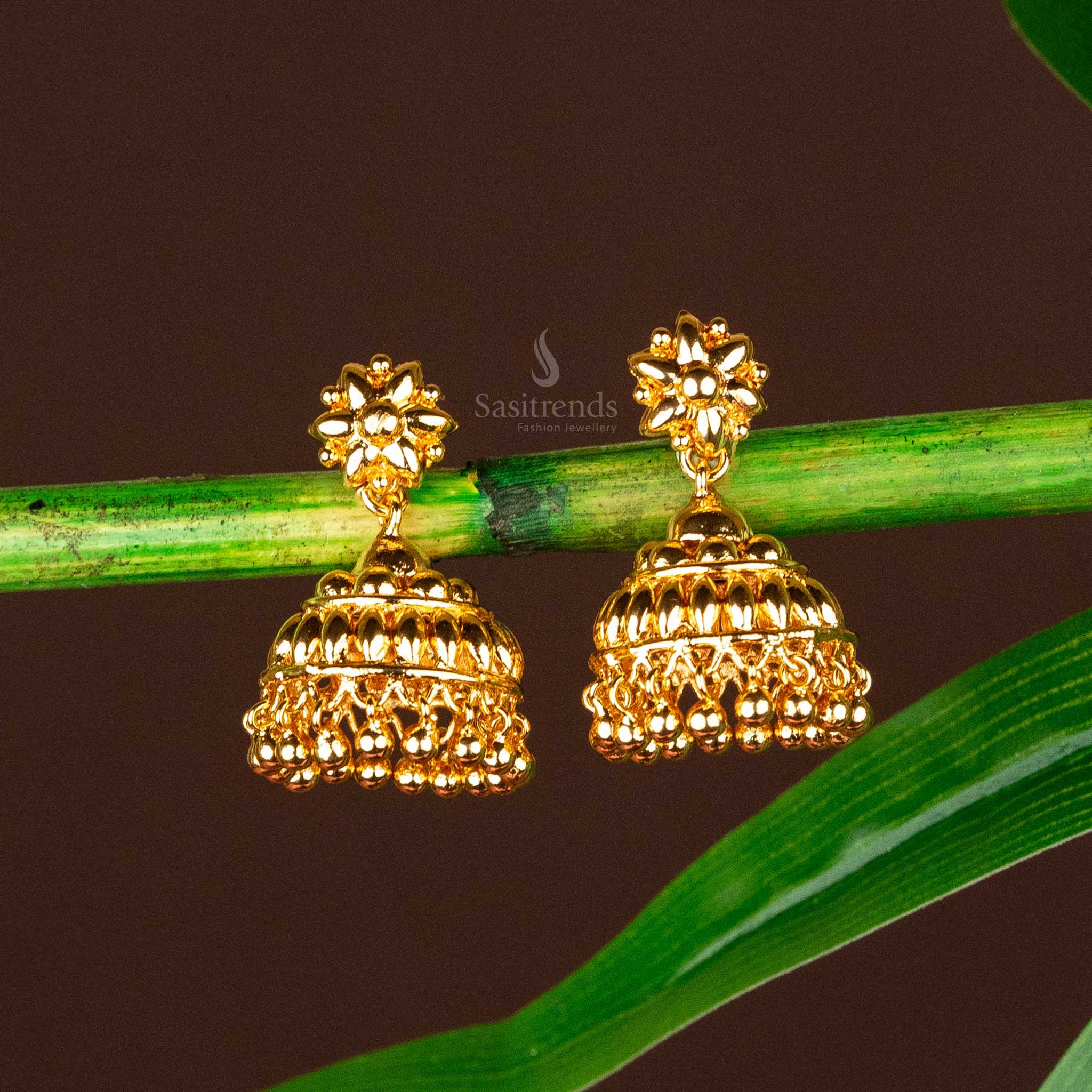 Classic Floral Design Micro Gold Plated Jhumka Earrings With Hanging Bead Accents, Adding Grace To Ethnic And Traditional Styles – Sasitrends