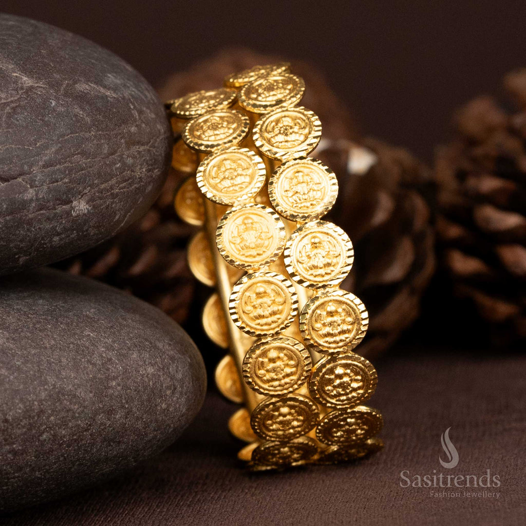 Traditional temple jewellery coin bangles in gold plating with regal finish, designed to complement sarees and grand festive occasions – Sasitrends