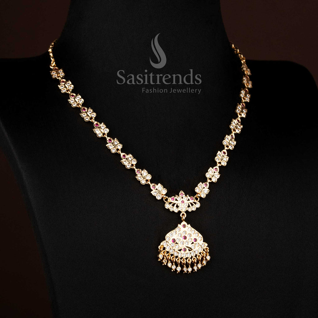 Vibrant white-ruby AD stone necklace by Impon with one gram micro gold plating, artistic pendant, and drifting beads for grand occasions – Sasitrends