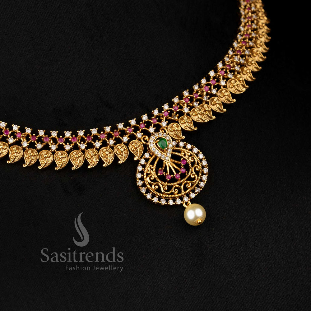 Premium matte gold plated multi-colour AD stone choker necklace with paisley motif and circular pendant, accented with pearls for festive charm – Sasitrends