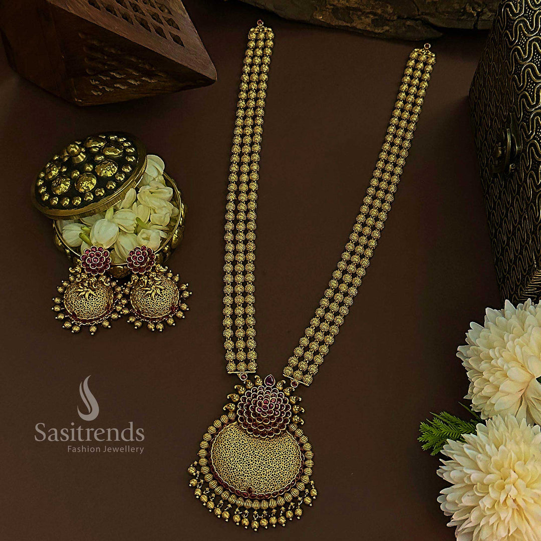 Grand Bridal Traditional Wear: Temple Matte Gold Tone Long Necklace Jewellery Set with Three-Layered Bead Floral Pendant and Jhumkas for Women