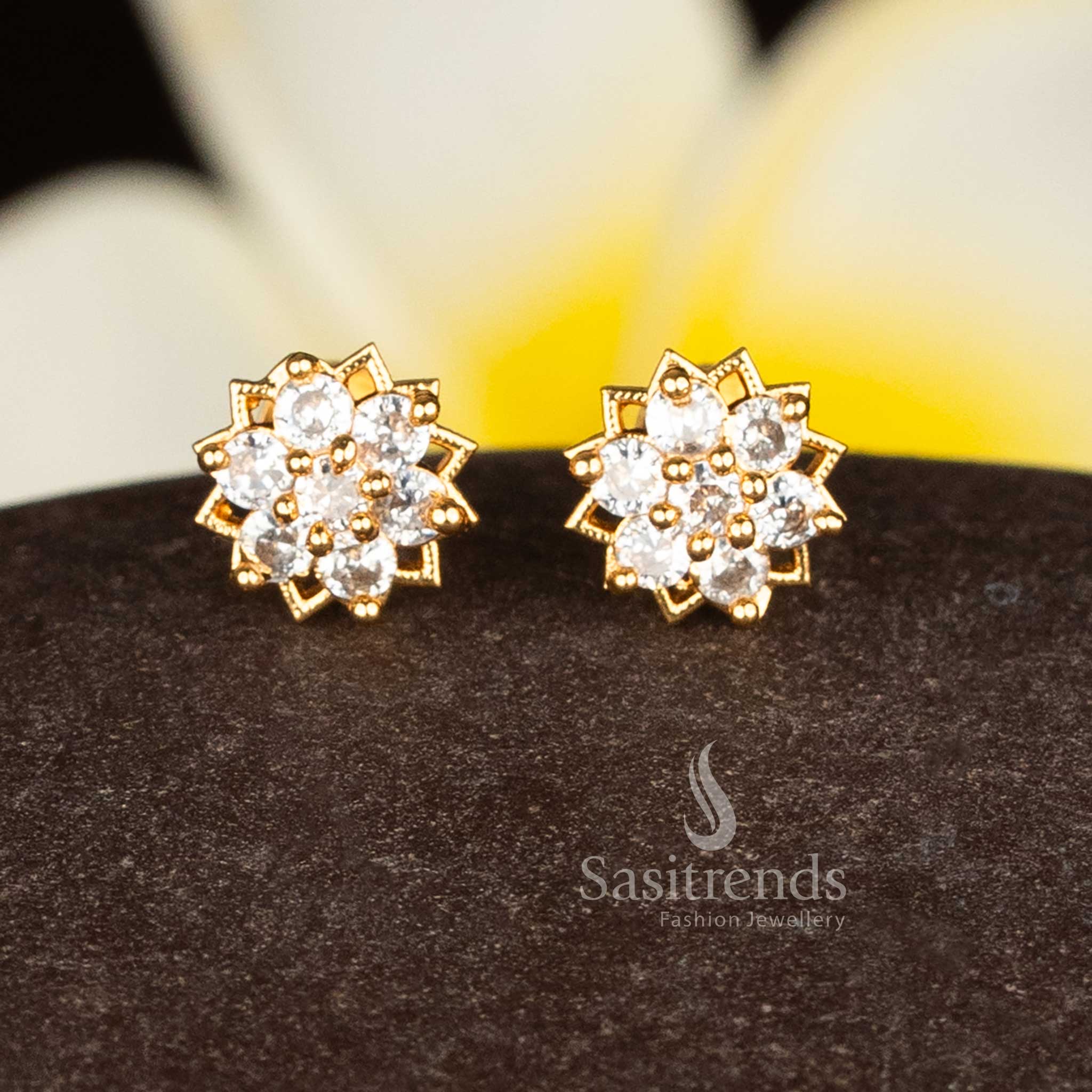 Premium Micro Gold Plated AD Lotus Outline Flower Cluster Earrings in White, Ideal for Party and Traditional Jewellery Wear – Sasitrends