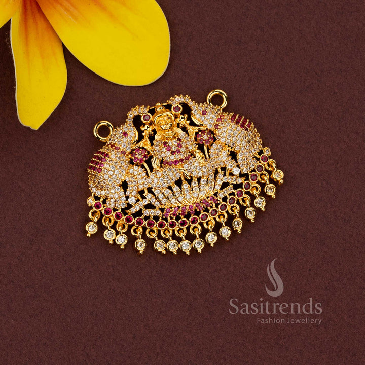 Premium micro gold plated pendant with dual elephant and Lakshmi design, accented with AD stones and rubies, ideal for temple ceremonies and wedding wear – Sasitrends