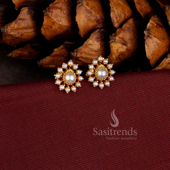 Premium micro gold plated AD teardrop pearl floral stud earrings featuring soft radiance designed for ethnic traditional occasions and cultural celebrations – Sasitrends