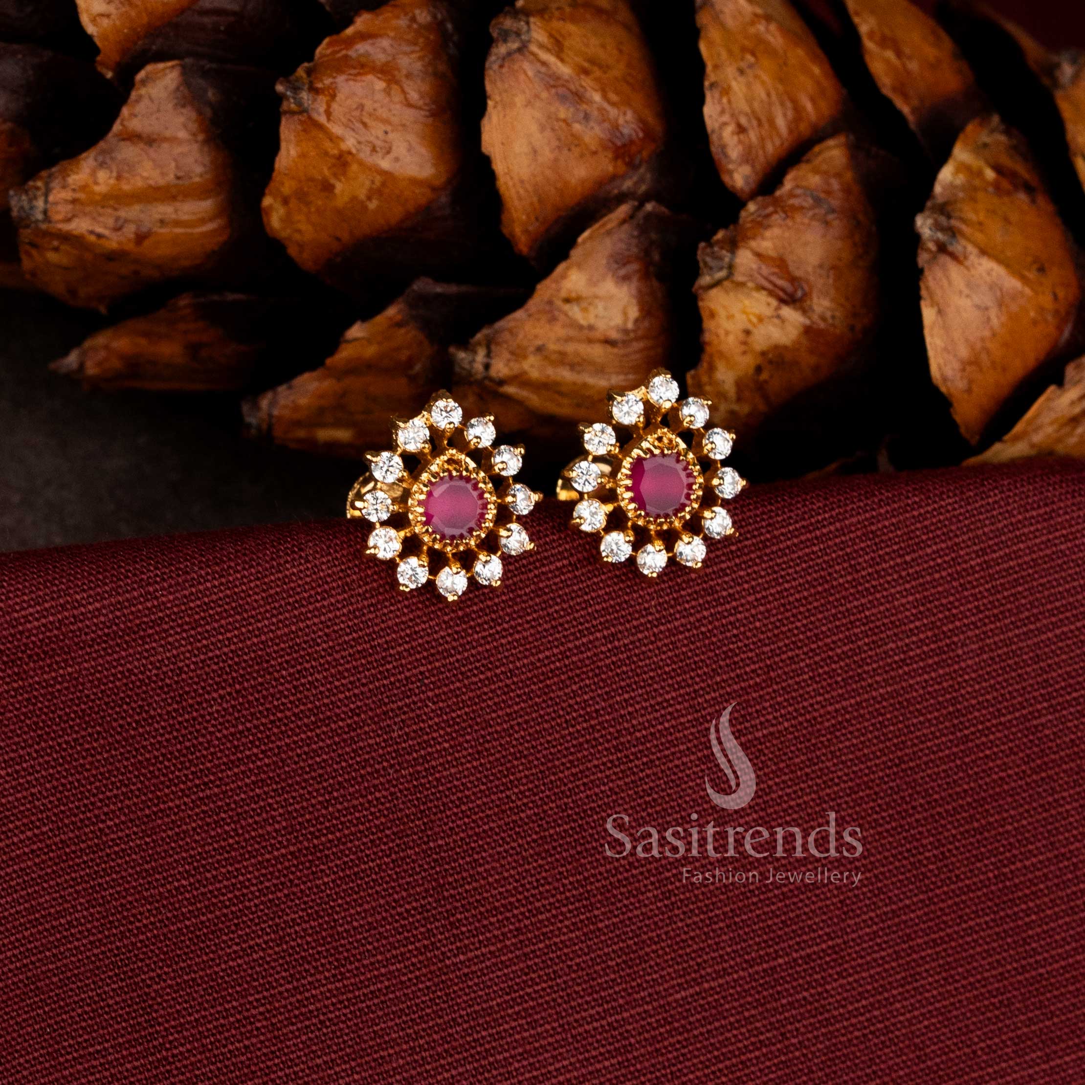 Premium micro gold plated AD teardrop white ruby floral stud earrings featuring soft radiance designed for ethnic traditional occasions and cultural celebrations – Sasitrends