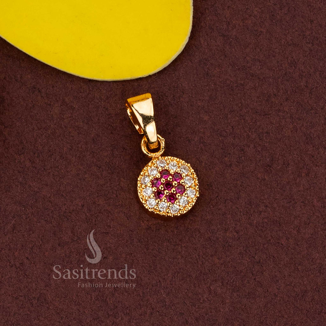 Trendy micro gold plated circle round pendant adorned with American diamonds and ruby detailing, ideal for party wear, casual outings, and daily styling –  Sasitrends