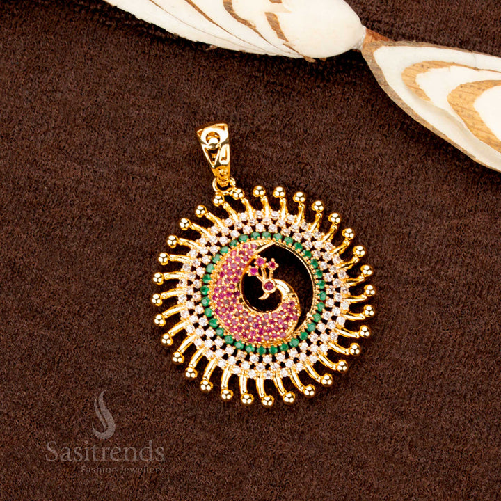 Majestic gold plated peacock pendant designed with glowing multi-color stones, a statement festive jewellery treasure - Sasitrends