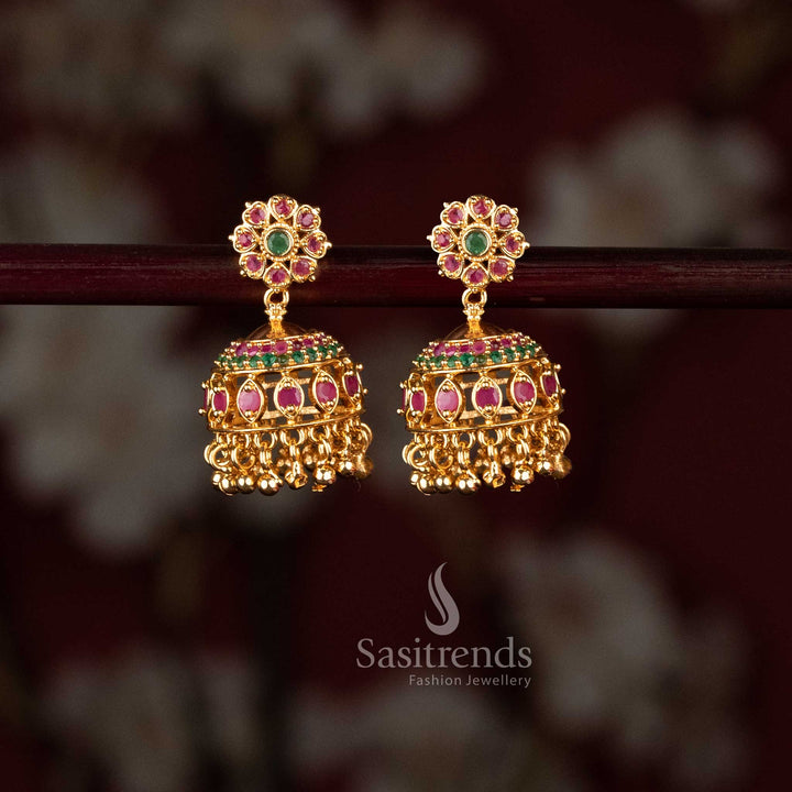 Attractive Micro Gold Plated AD Stone Studded Flower Pattern Jhumka Earrings - Sasitrends