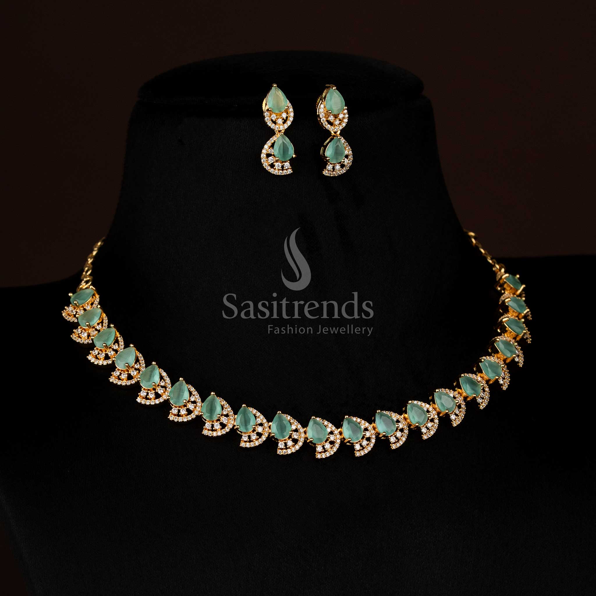 Graceful mint gold plated dual finish teardrop necklace with infinity design and sparkling AD stones for celebrations - Sasitrends