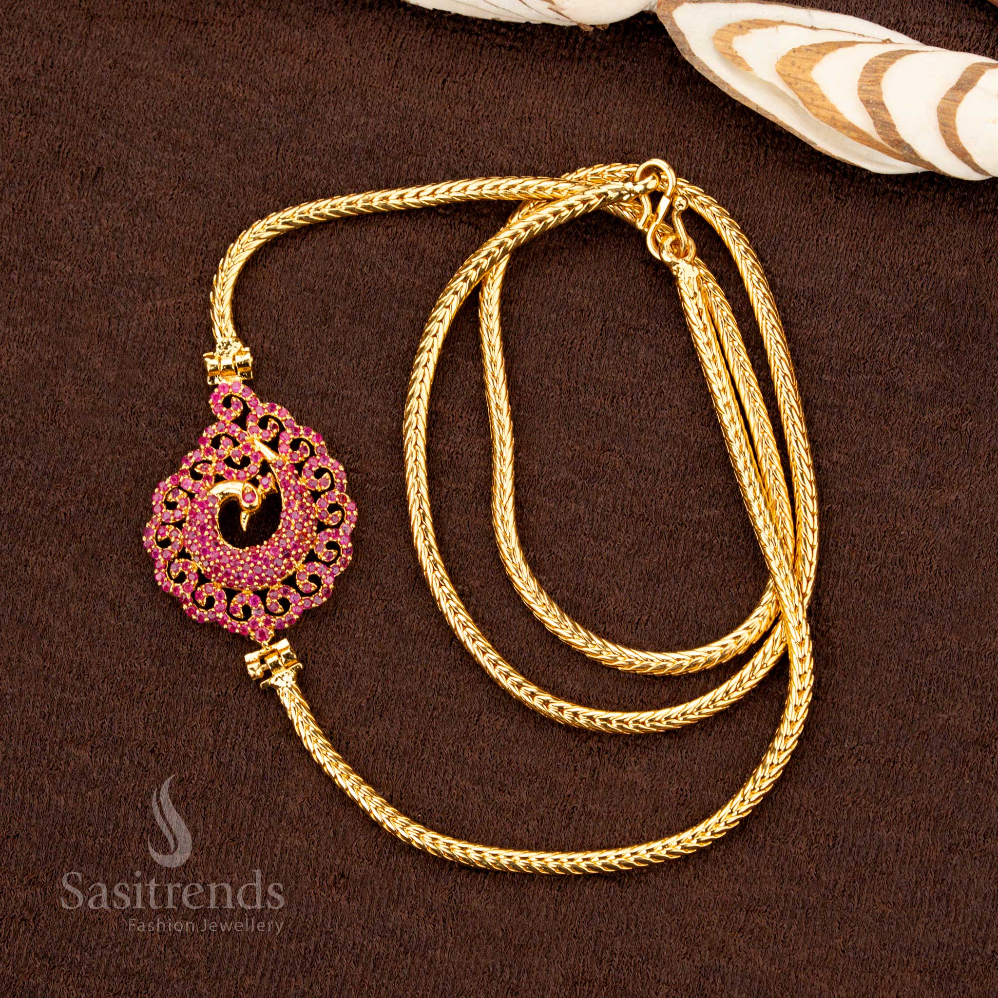Luxurious micro gold plated peacock design pendant mugappu chain, elegantly crafted with radiant ruby stones, a perfect festive jewellery piece - Sasitrends