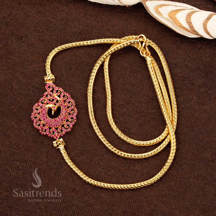 Luxurious micro gold plated peacock design pendant mugappu chain, elegantly crafted with radiant ruby stones, a perfect festive jewellery piece - Sasitrends