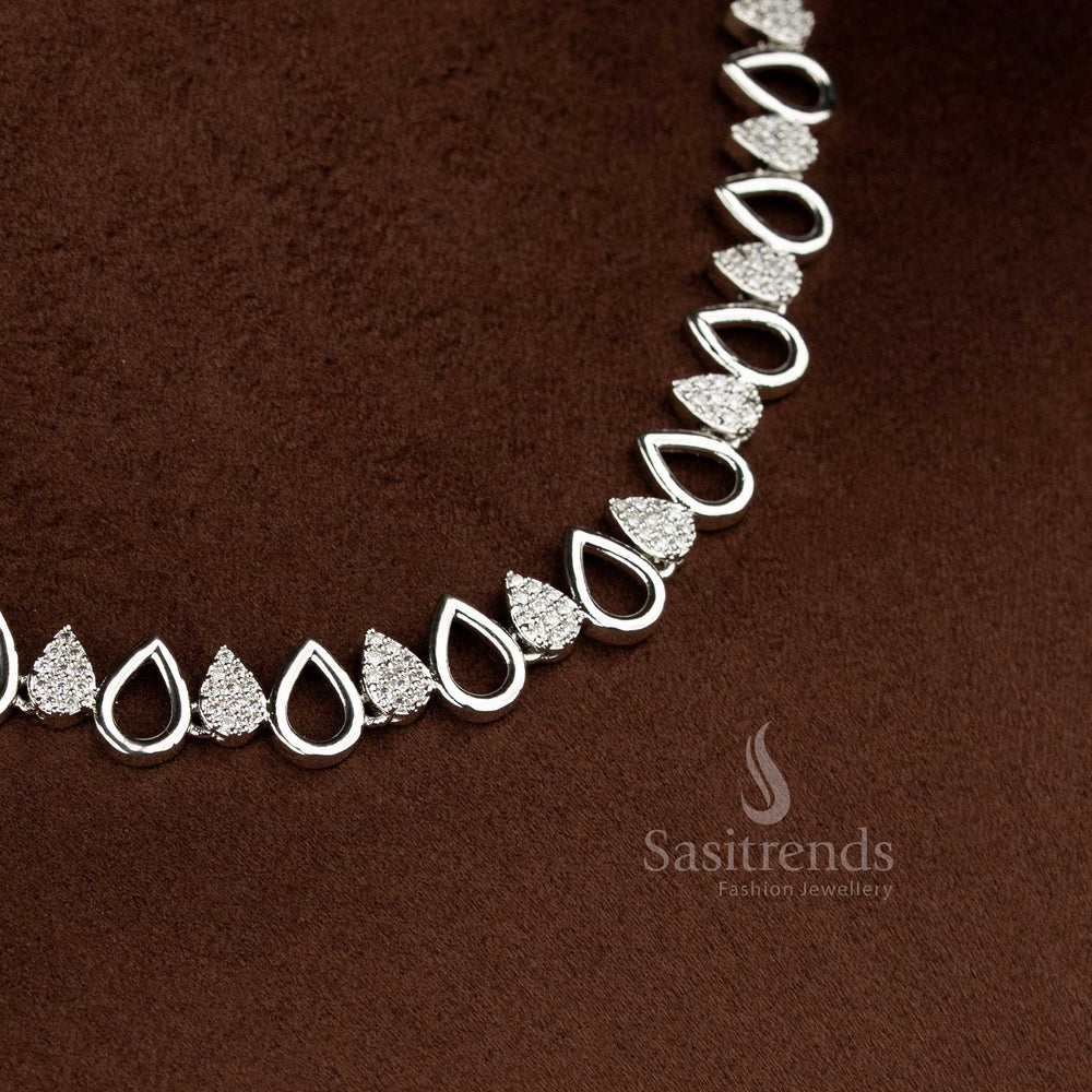 Radiant party wear American diamond rhodium silver plated white teardrop necklace for elegant saree and festive styling – Sasitrends