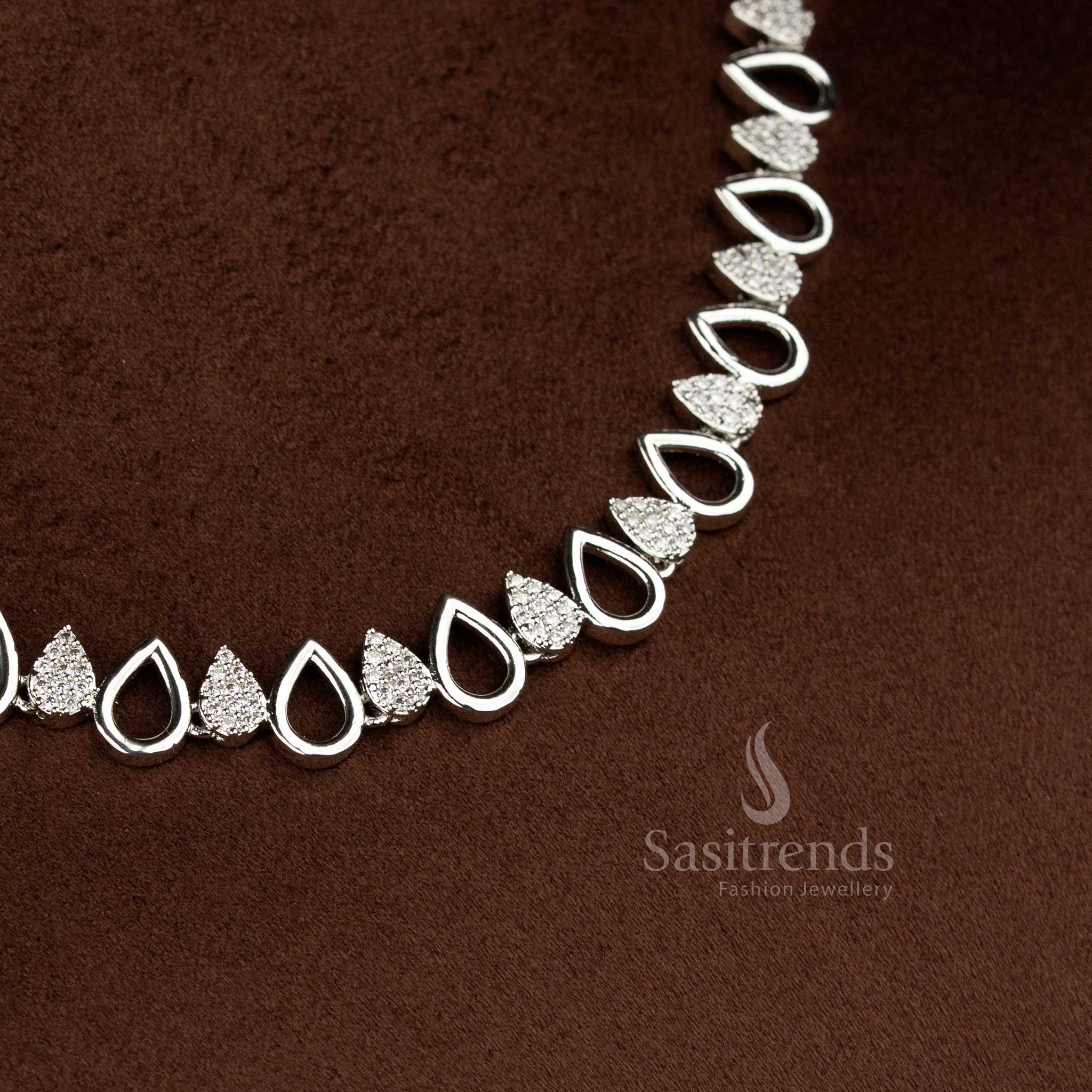 Radiant party wear American diamond rhodium silver plated white teardrop necklace for elegant saree and festive styling – Sasitrends