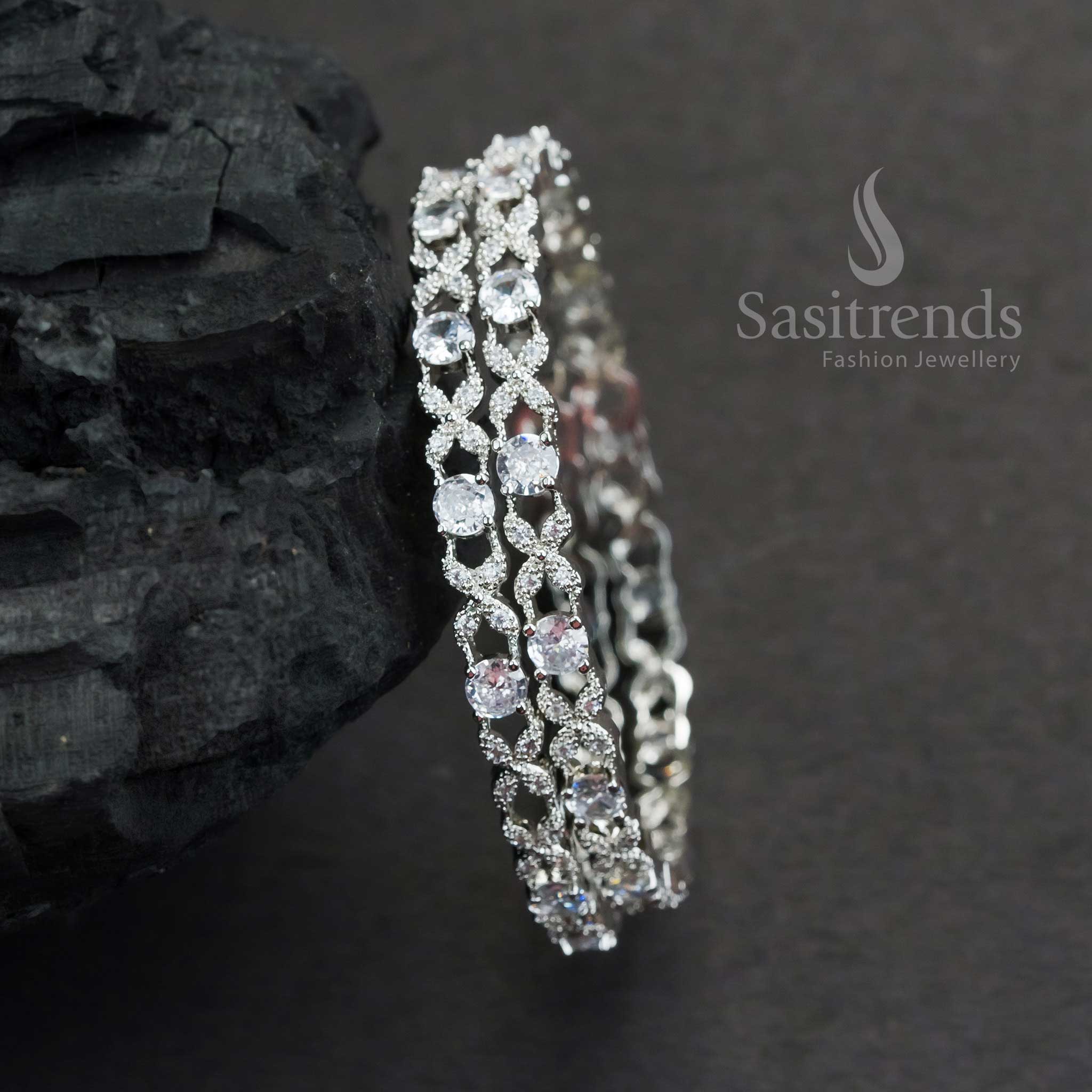 Rich Look Rhodium Silver Plated Bangles With White Floral American Diamond Stones For Party Wear Sparkling Jewellery - Sasitrends