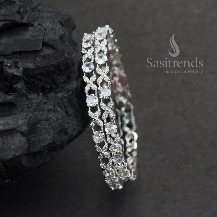 Rich Look Rhodium Silver Plated Bangles With White Floral American Diamond Stones For Party Wear Sparkling Jewellery - Sasitrends