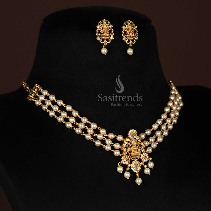 Premium Matte Gold Plated Three Line Pearl Choker Jewellery Set With Elegant AD Studded Lakshmi Pendant And Traditional Earrings For Festive Occasions – Sasitrends