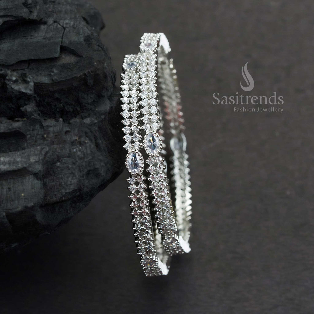 Latest Collections Rhodium Silver Plated Bangles With Oval White American Diamond Stones And Glossy Finish Jewellery - Sasitrends