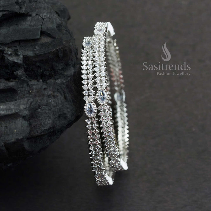 Latest Collections: Stunning Rhodium Silver Plated Bangles with Oval Shaped White American Diamond Stones