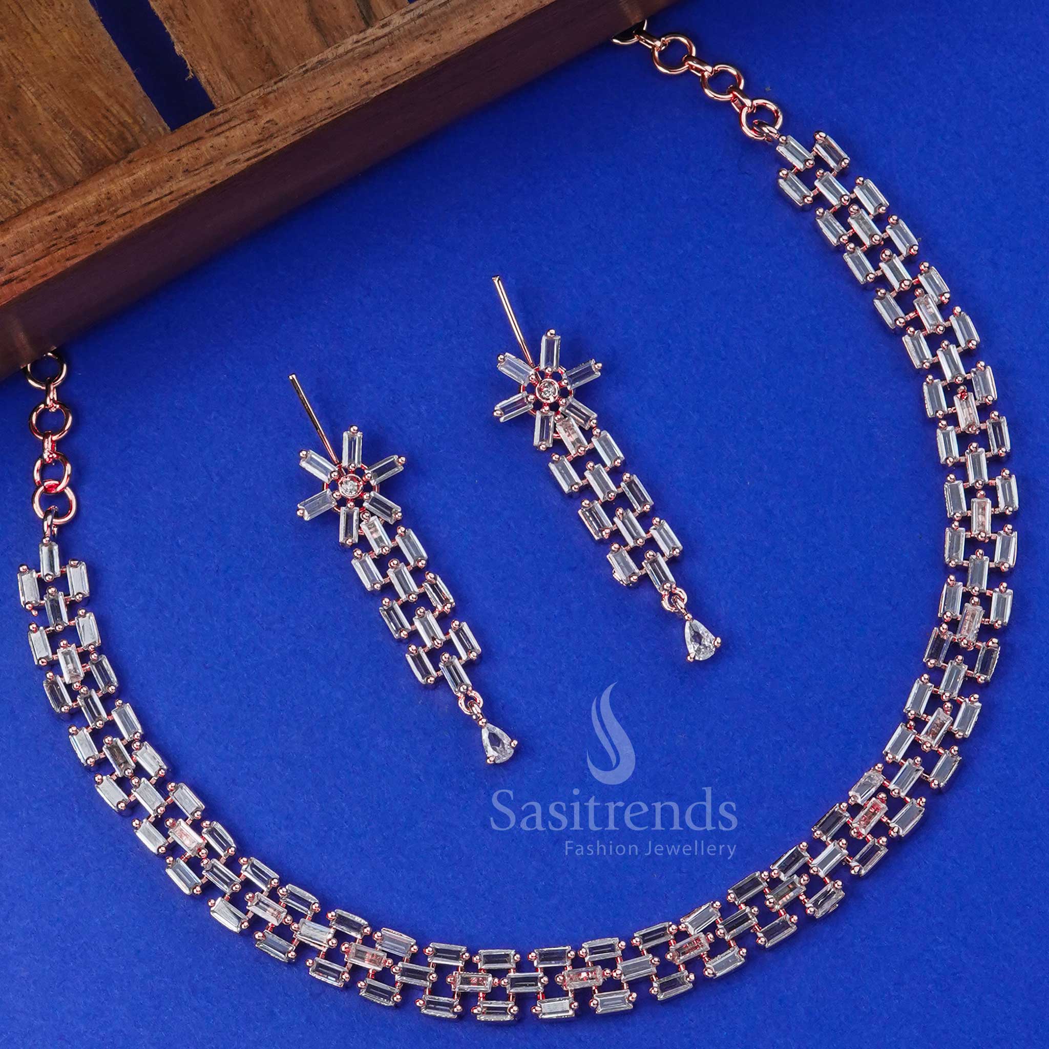 Exquisite American Diamond Rose Gold Plated Jewellery Set With Glamorous Design For Party And Festive Wear – Sasitrends