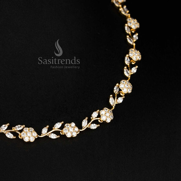 Radiant White American Diamond Micro Gold Plated Leaf Design Necklace Set With Glossy Floral Motifs - Sasitrends

