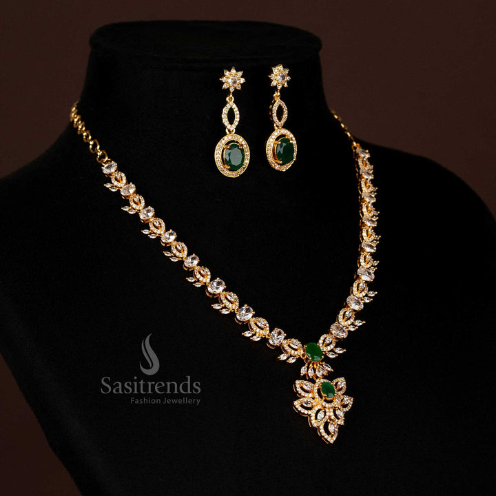 Grand Floral Leaf American Diamond Micro Gold Plated Necklace Set with Oval Accents - Looks Like Real Gold - Sasitrends