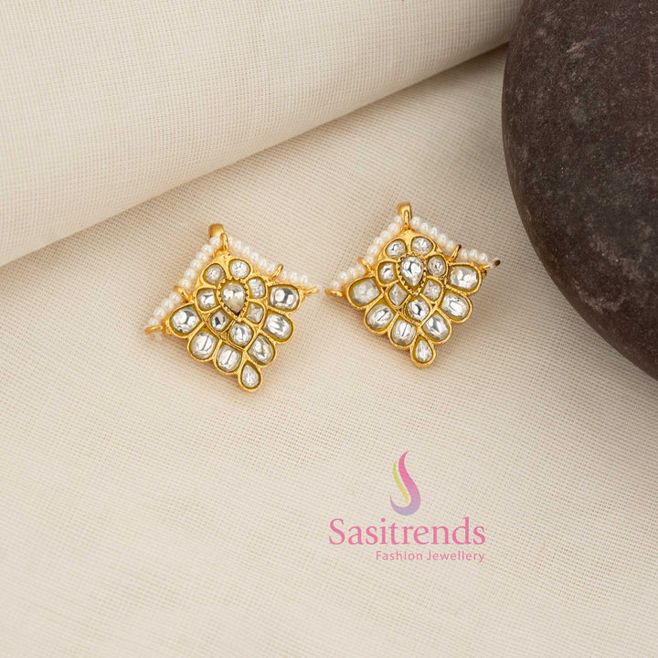 Dazzling white Kundan floral petal bugadi earcuff adorned with pearl fringe, perfect for grand South Indian ceremonial occasions – Sasitrends