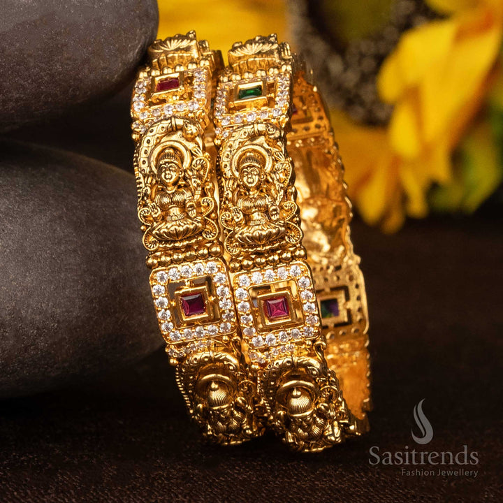 Gorgeous Matte Gold Plated AD Stone Lakshmi Design Square Frame Temple Bridal Wedding Bangles - Sasitrends