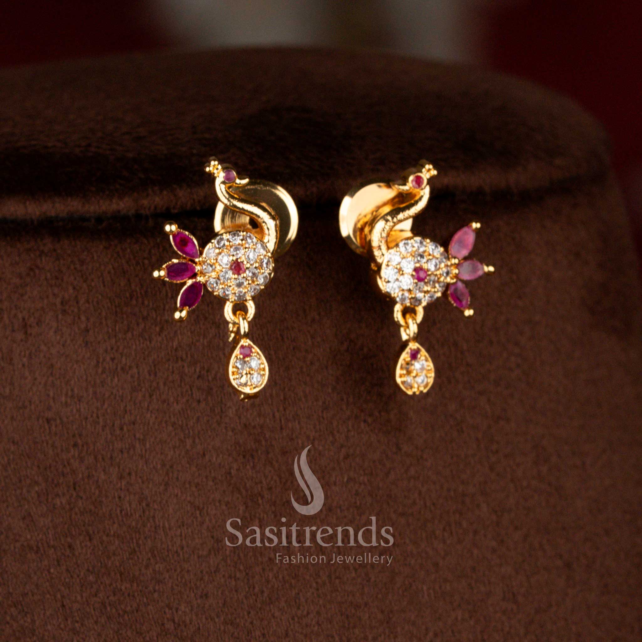 Regal micro gold plated peacock drop earrings in white-ruby with gemstone embellishments and pearl accents, coordinating with necklace – Sasitrends