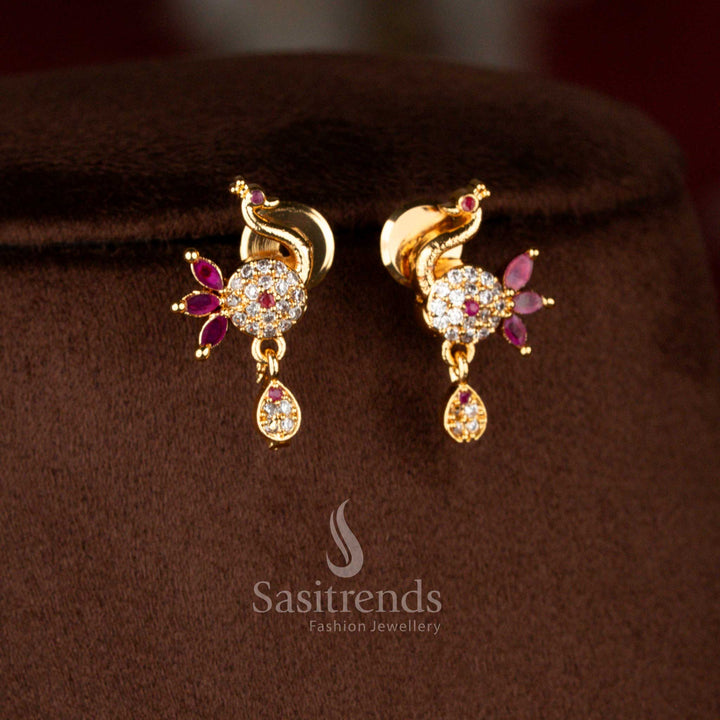 Regal micro gold plated peacock drop earrings in white-ruby with gemstone embellishments and pearl accents, coordinating with necklace – Sasitrends
