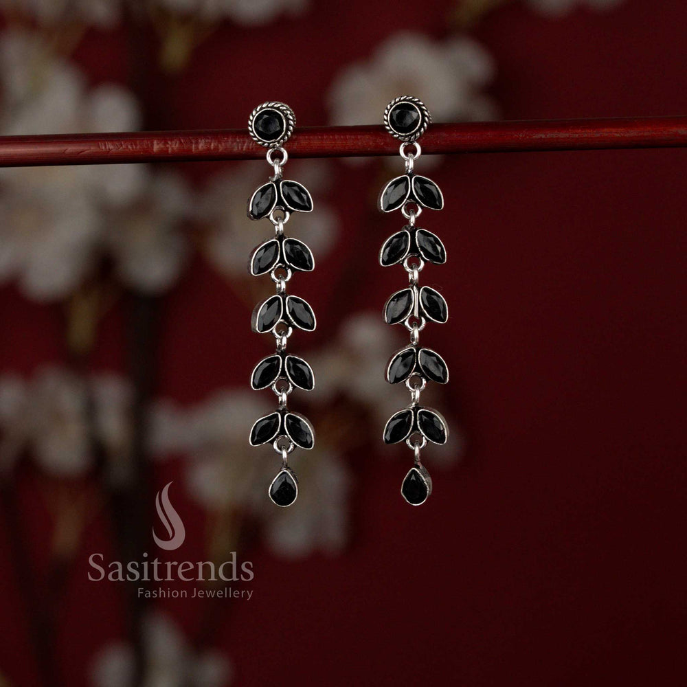 Bold oxidised linear leaf drop earrings in black finish perfect for kurti wear and traditional gatherings – Sasitrends