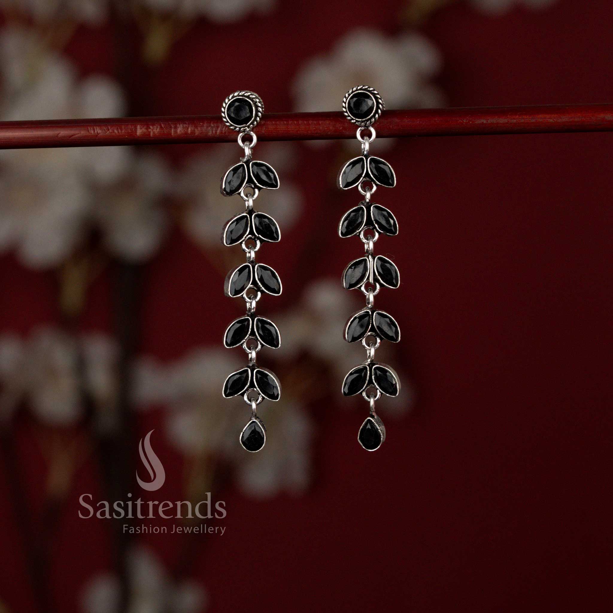 Bold oxidised linear leaf drop earrings in black finish perfect for kurti wear and traditional gatherings – Sasitrends