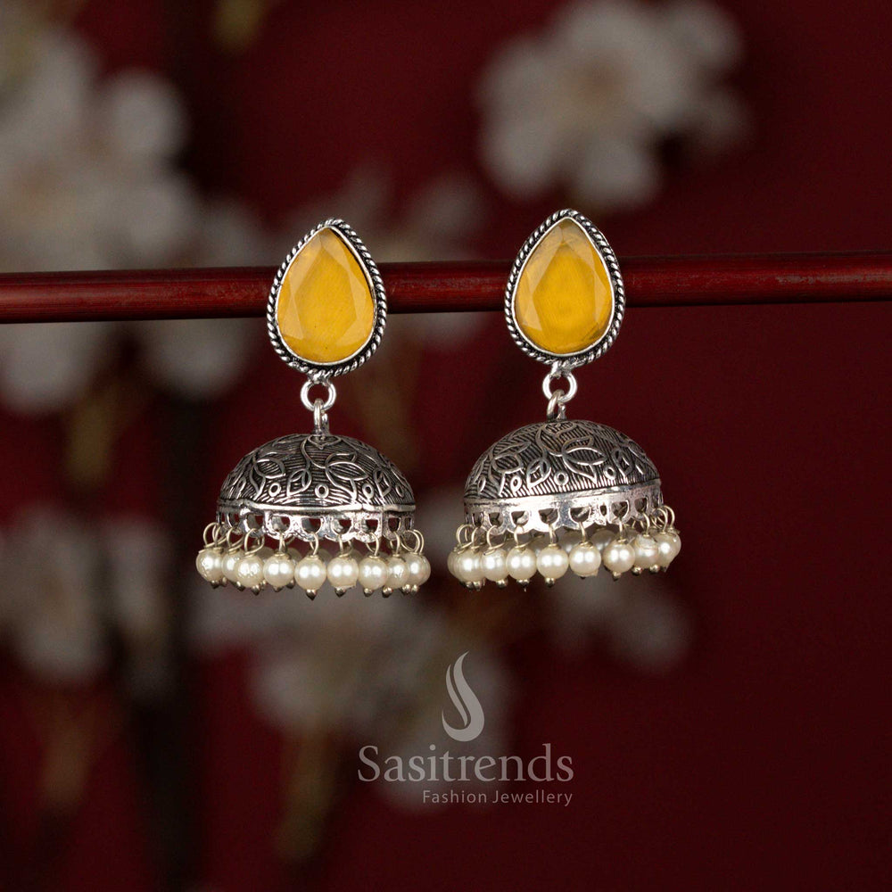 Opulent oxidised Monalisa teardrop jhumka earrings in yellow shade suited for festive ethnic wear and kurti styling – Sasitrends