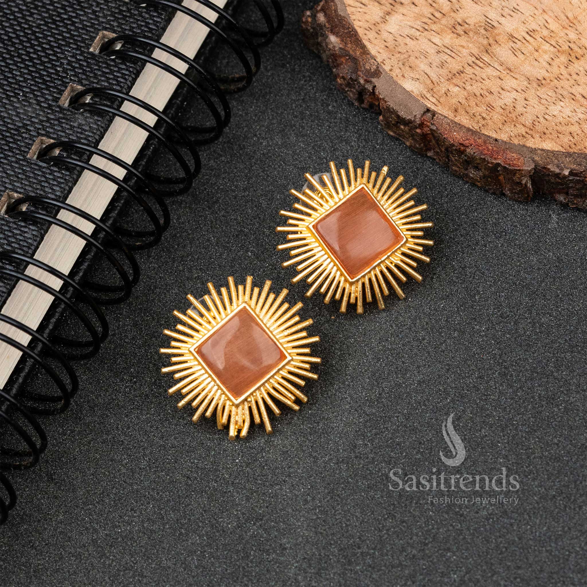 Style Gold Plated Rectangle Monalisa Stone Push Back Earrings 