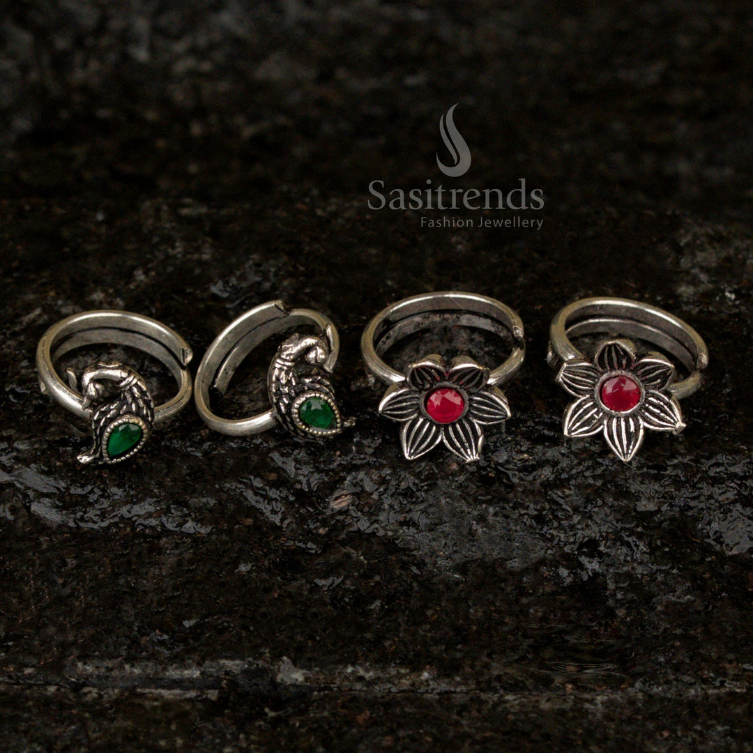 Oxidised Toe Rings with Intricate Stone Detailing for Traditional Wear - Sasitrends