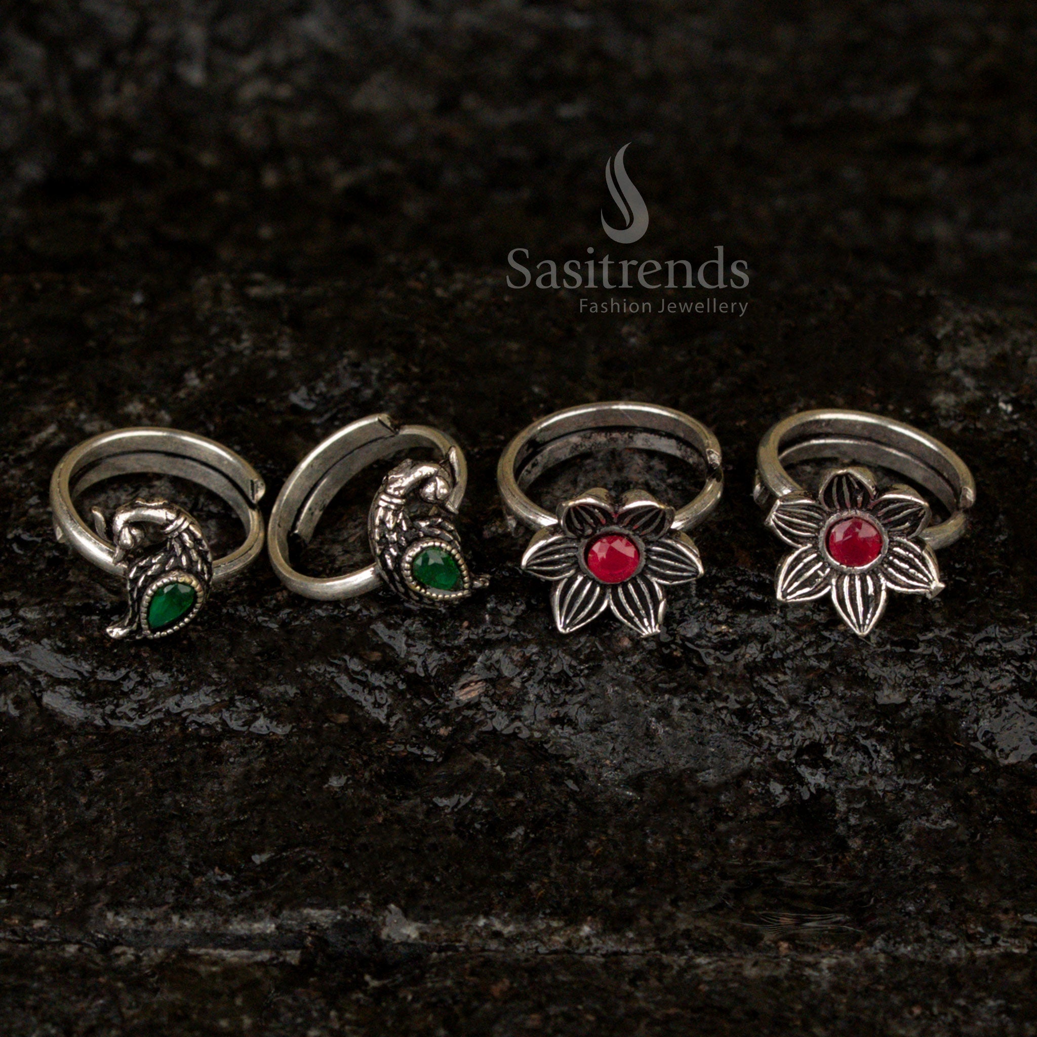Oxidised Toe Rings with Intricate Stone Detailing for Traditional Wear - Sasitrends