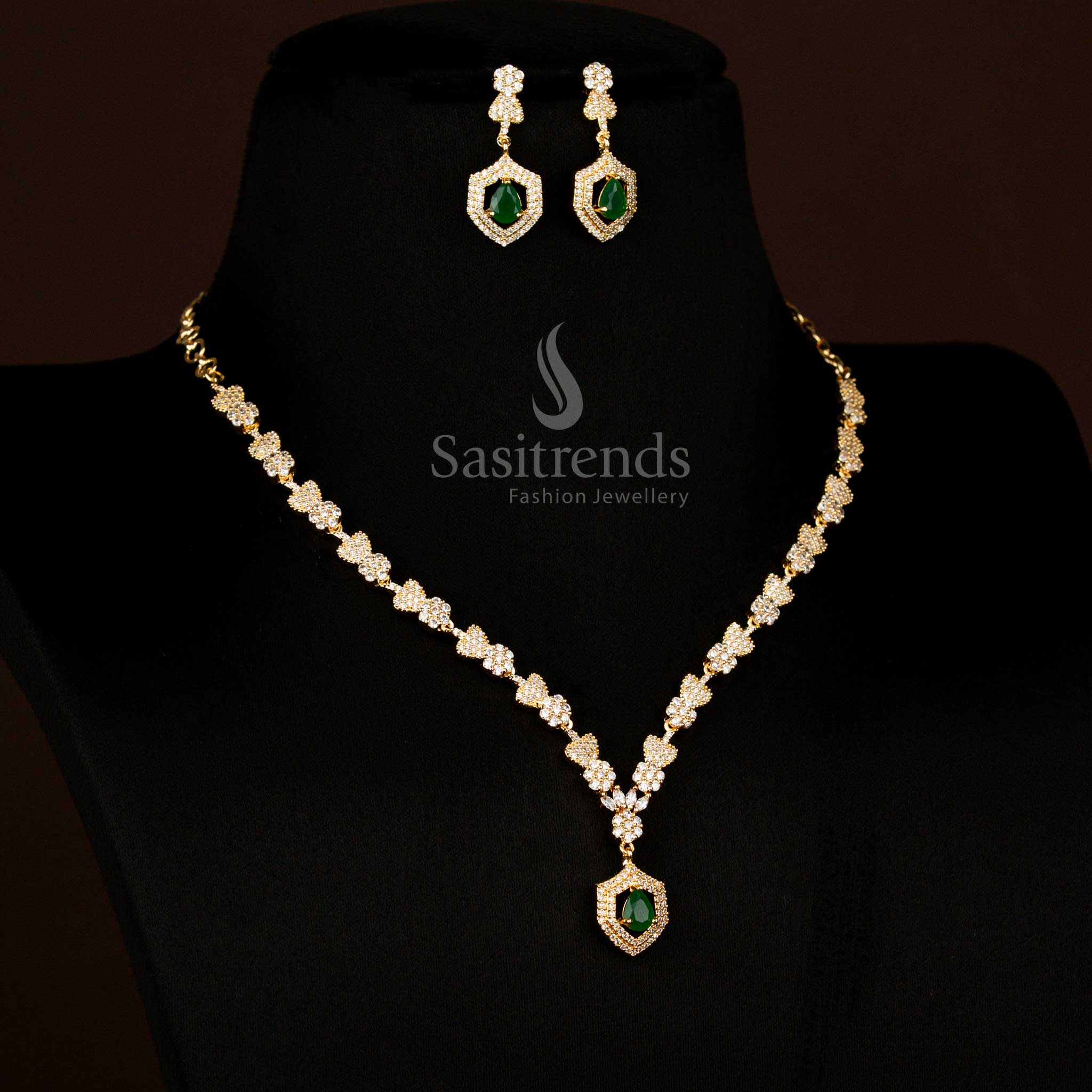 Majestic American Diamond gold plated heart and floral green necklace with teardrop stone pendant designed for party glamour – Sasitrends