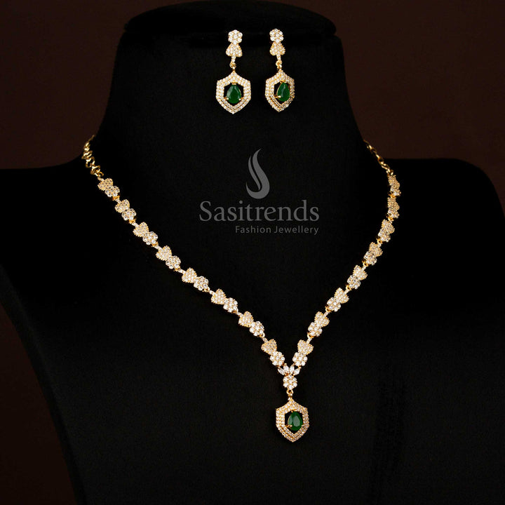 Majestic American Diamond gold plated heart and floral green necklace with teardrop stone pendant designed for party glamour – Sasitrends