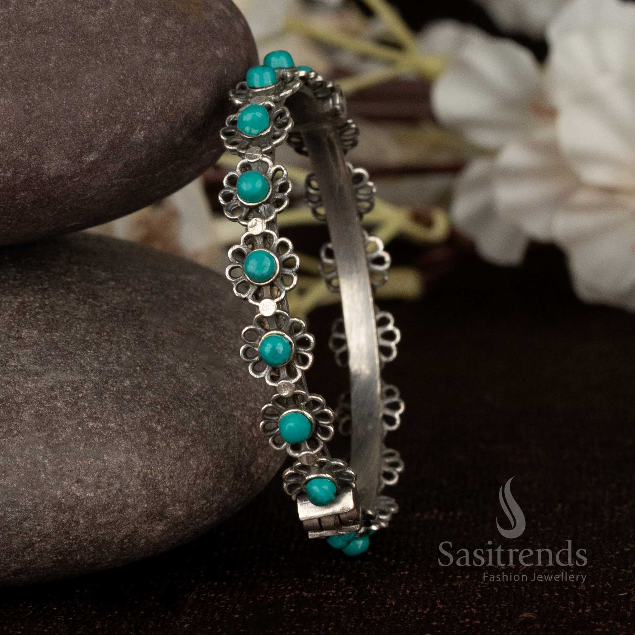 Beautiful oxidised kada bracelet with turquoise blue stones and floral detailing, suitable for fashion events and stylish gatherings – Sasitrends