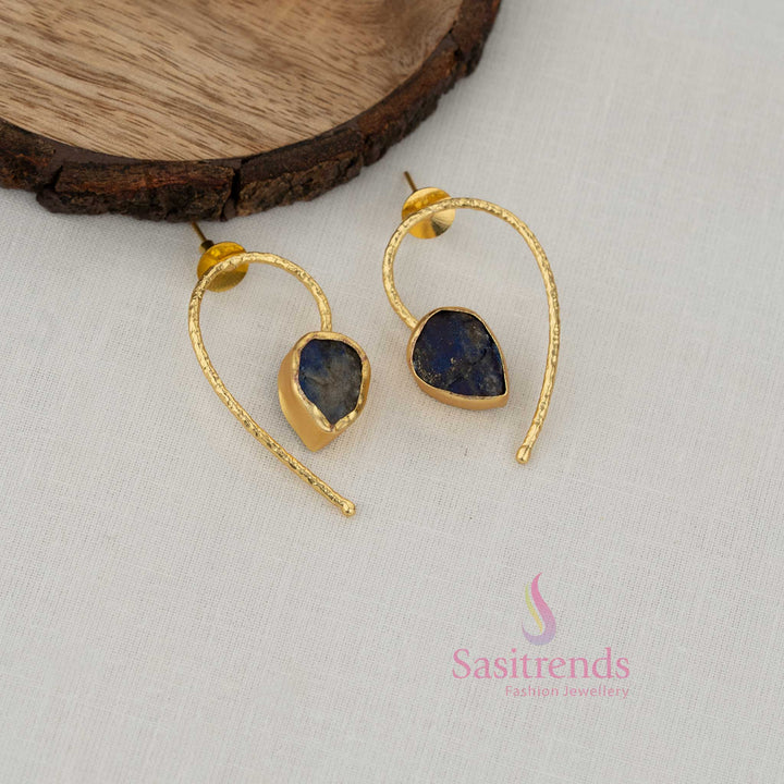 Chic hammered U shape open circlet earrings enhanced with elegant blue stone accents in gold plated finish ideal for daily wear and stylish office dressing - Sasitrends