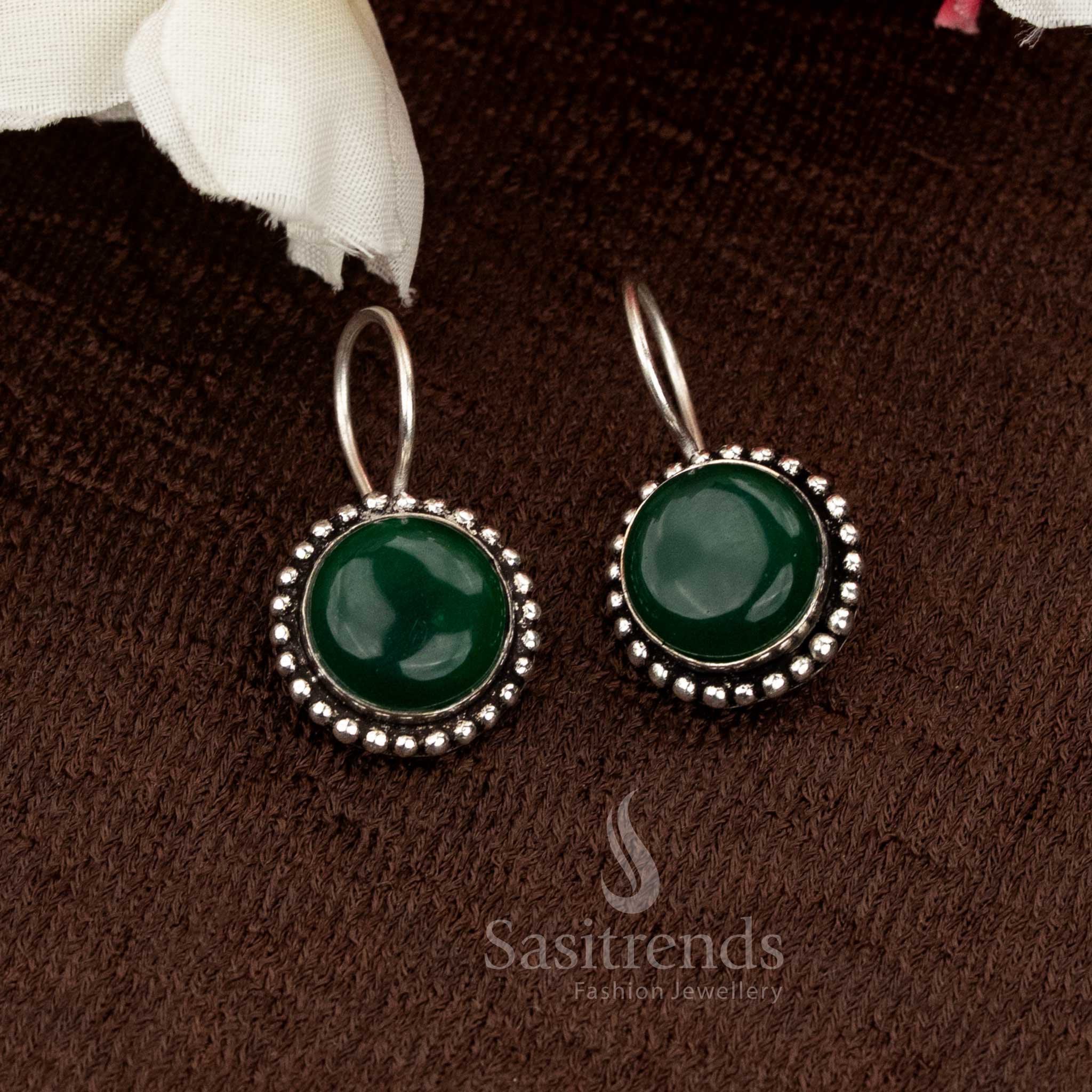 Handmade Oxidised Earrings with Dark Green Round Natural Stones and vintage hook pattern adding ethnic grace — a fine daily wear jewellery pick from Sasitrends