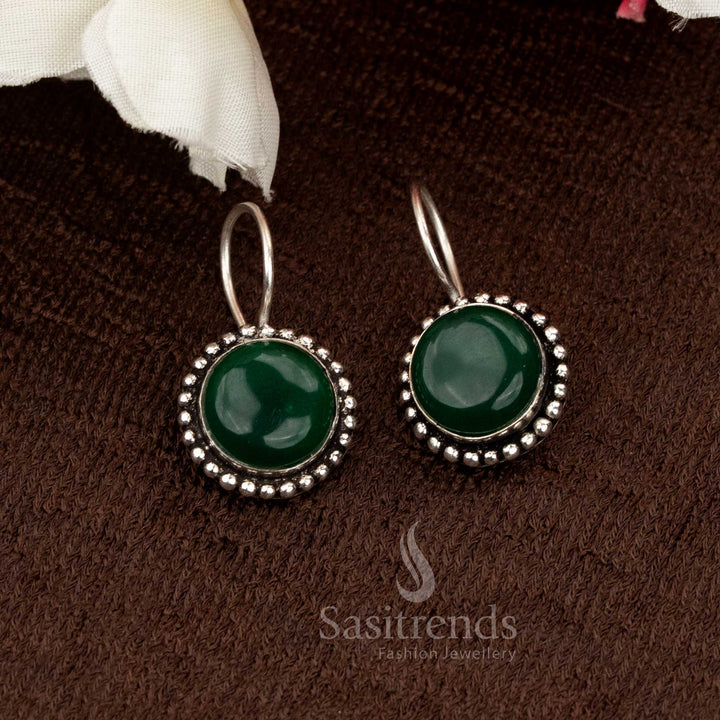Handmade Oxidised Earrings with Dark Green Round Natural Stones and vintage hook pattern adding ethnic grace — a fine daily wear jewellery pick from Sasitrends
