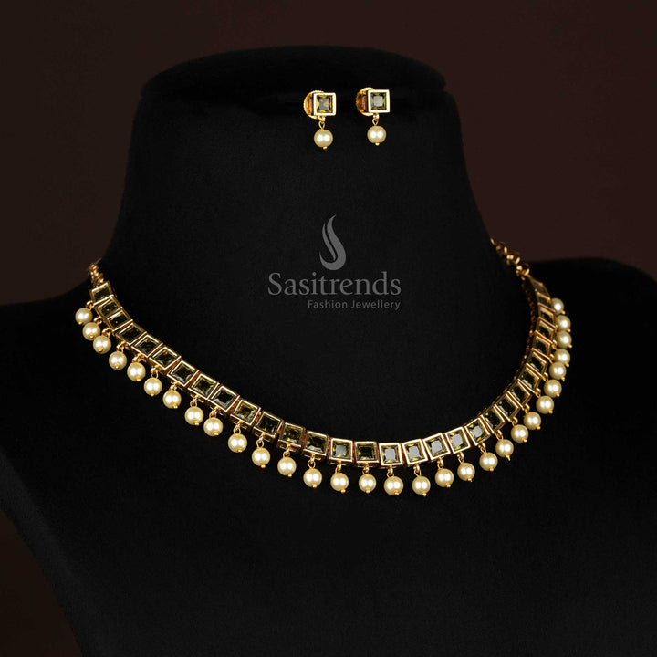 Chic garment-green necklace with square-shaped American diamond stones and pearl drops, a stunning jewellery set for weddings and party wear – Sasitrends